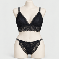 Sexy Bralette French Lace Deep V-neck Removable Padded Bra With Underwear