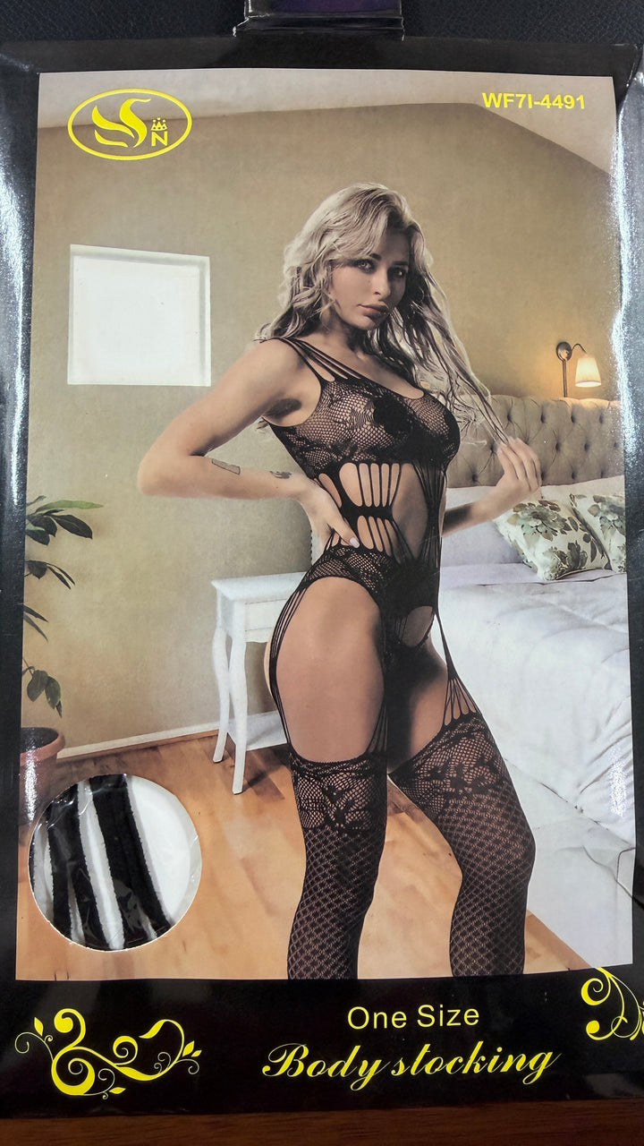 Strappy Cut-Out Net Teddy with Lace Top Thigh Highs