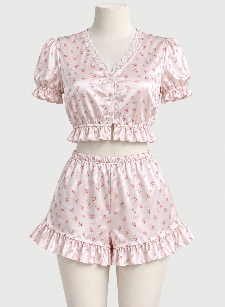 Pink Floral Satin Sleepwear Set