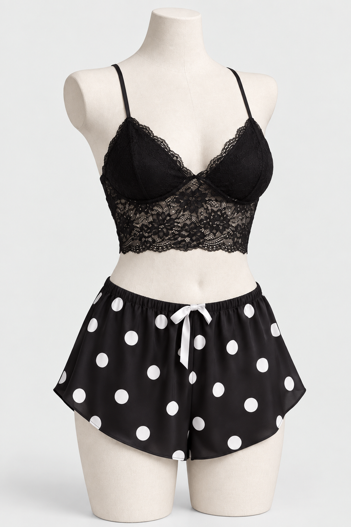 Black Lace Polka Dot 2-Piece Nightwear Set