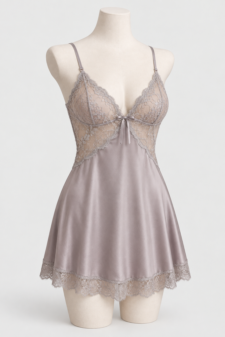 Black Lace Satin Babydoll Nightdress