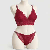 Sexy Bralette French Lace Deep V-neck Removable Padded Bra With Underwear