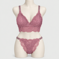 Sexy Bralette French Lace Deep V-neck Removable Padded Bra With Underwear