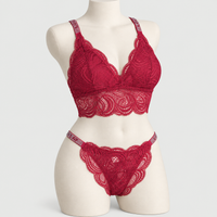 Sexy Bralette French Lace Deep V-neck Removable Padded Bra With Underwear