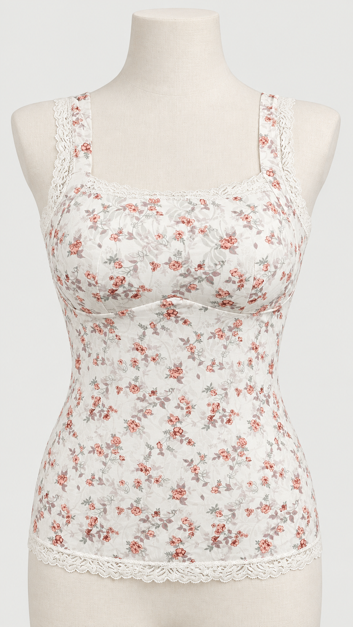 Floral Lace-Trim Padded Camisole with Removable Pads