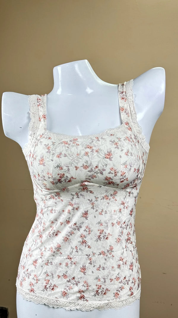 Floral Lace-Trim Padded Camisole with Removable Pads