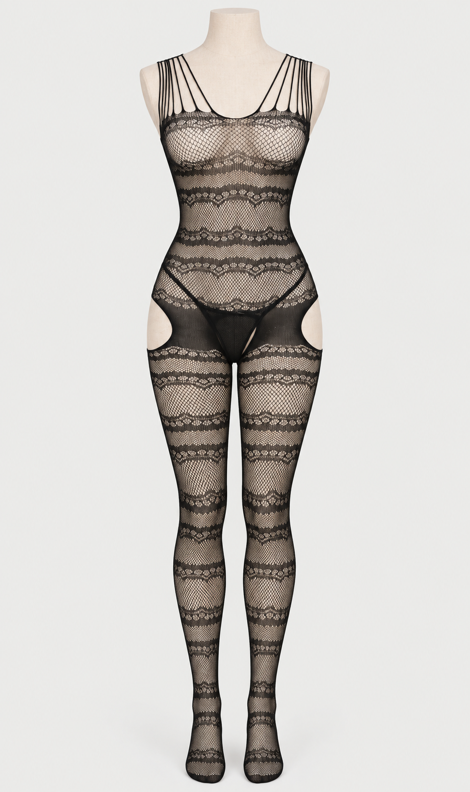 Layered Strap Lace Stripe Garter Bodystocking