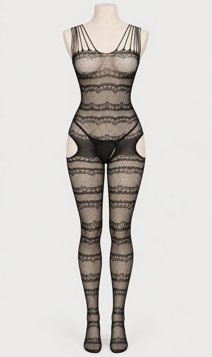 Layered Strap Lace Stripe Garter Bodystocking