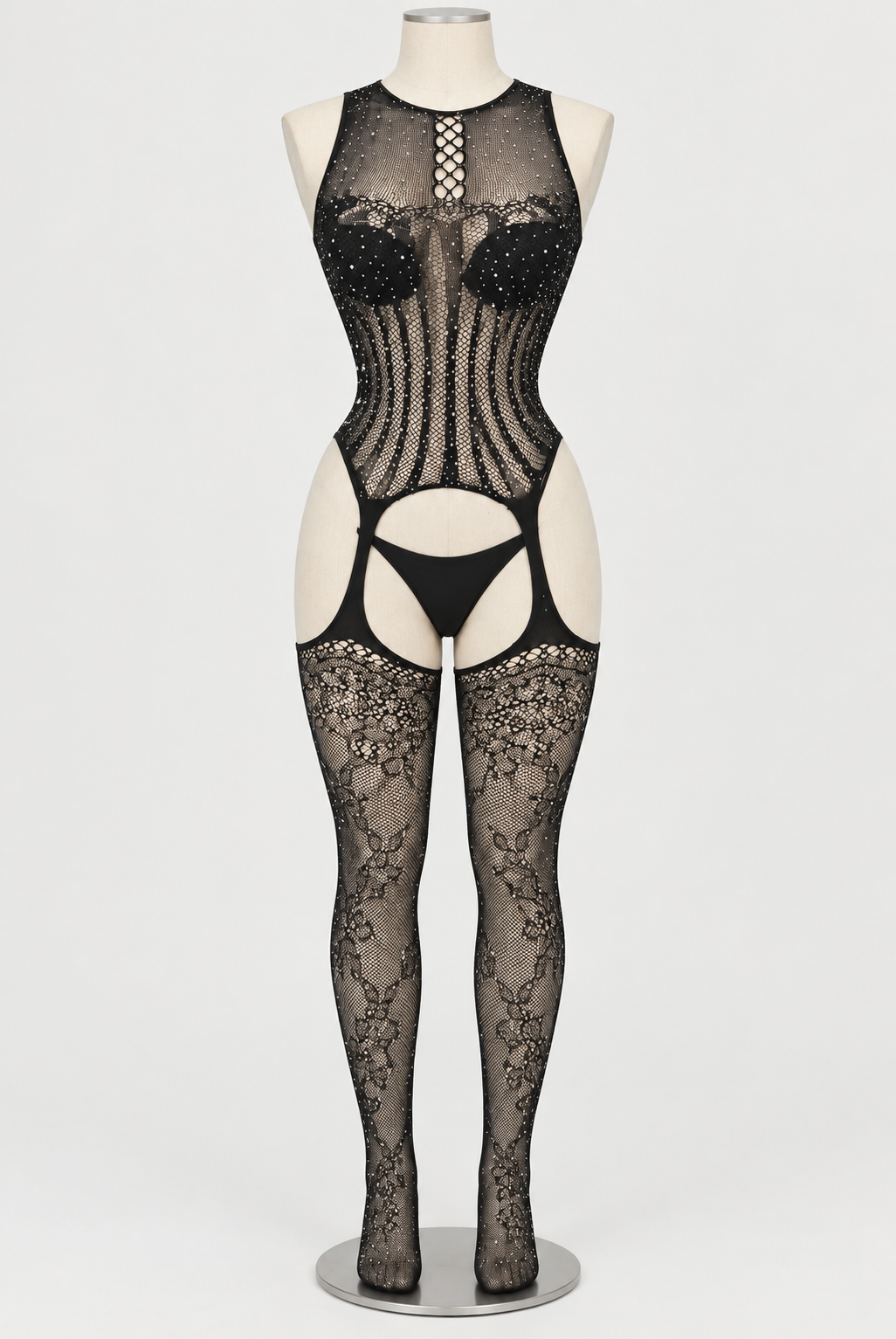 Rhinestone Lace-Up Garter Bodystocking with Thigh Highs