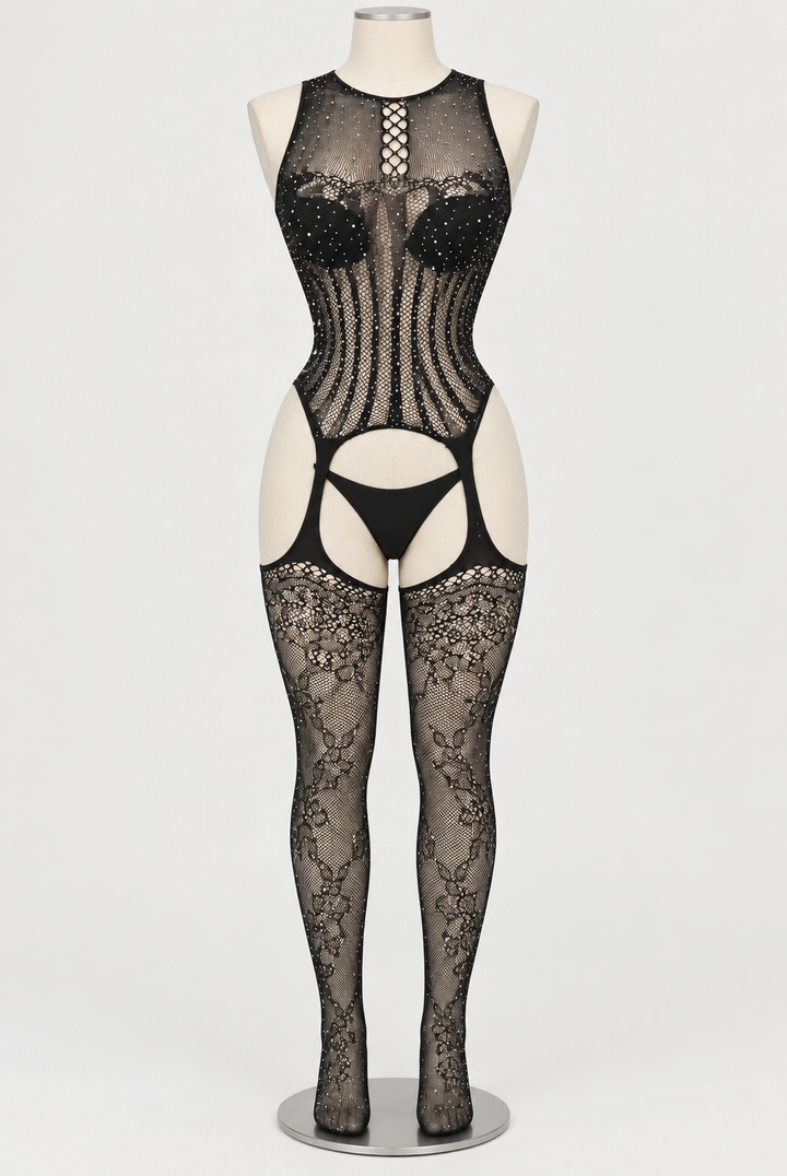 Rhinestone Lace-Up Garter Bodystocking with Thigh Highs