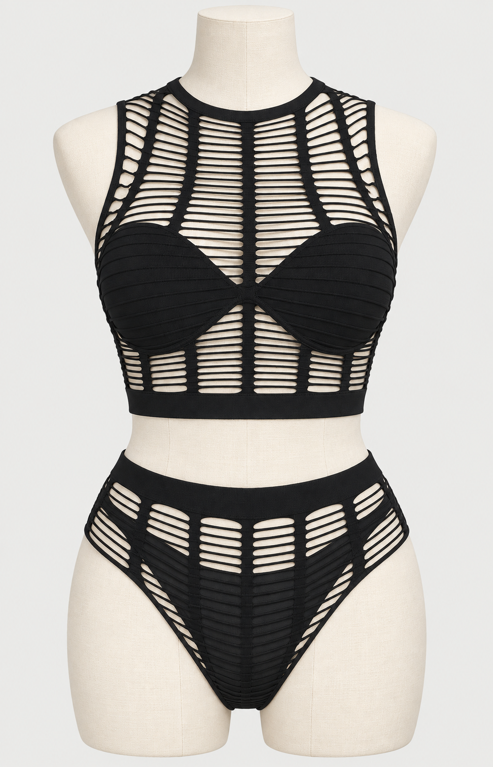 Ladder Cut-Out Two Piece Crop Top and High Waist Panty Set