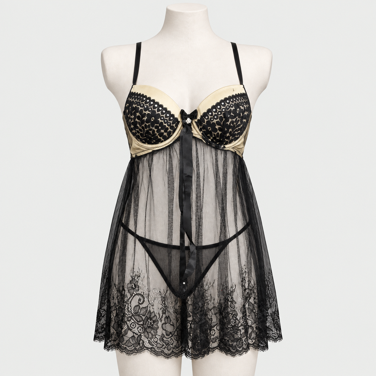 Black Lace Babydoll Lingerie Set Sheer Mesh Nightwear with Matching Panties