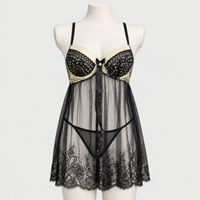 Black Lace Babydoll Lingerie Set Sheer Mesh Nightwear with Matching Panties