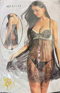 Black Lace Babydoll Lingerie Set Sheer Mesh Nightwear with Matching Panties