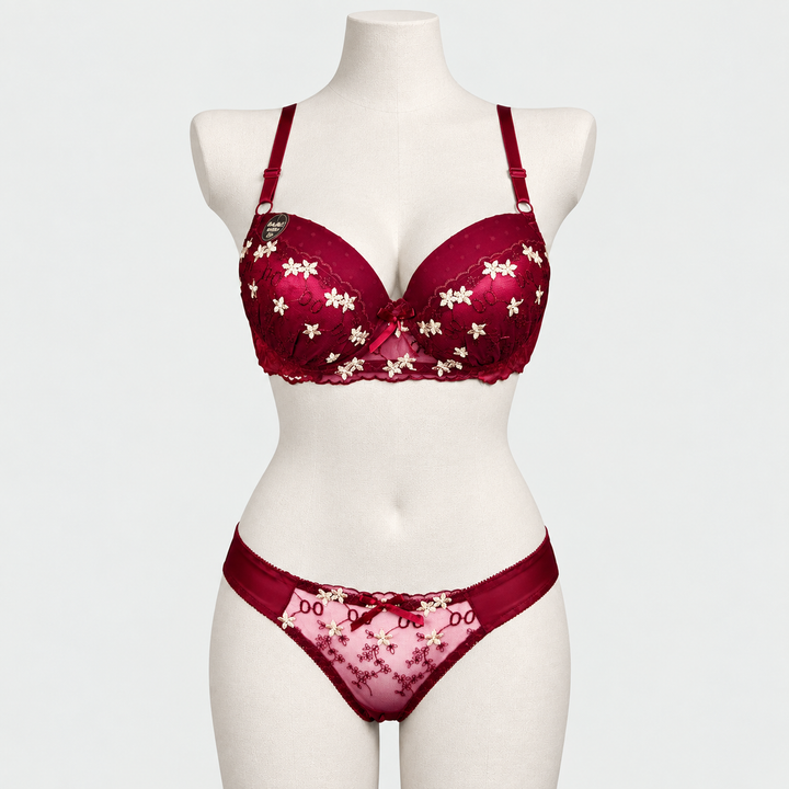 Bridal Floral Push Up Double Padded Bra Panty Set - Maroon front view on premium headless mannequin