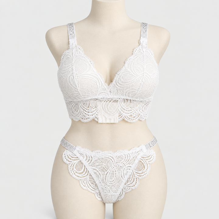 Sexy Bralette French Lace Deep V-neck Removable Padded Bra With Underwear