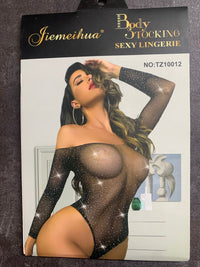 Long Sleeve Off Shoulder Rhinestone Fishnet Bodysuit