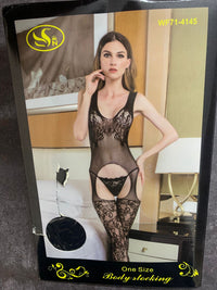 Floral Lace Suspender Bodystocking with Thigh Highs