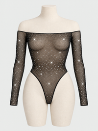 Long Sleeve Off Shoulder Rhinestone Fishnet Bodysuit